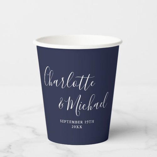 Elegant Signature Script Navy Blue Wedding Paper Cups