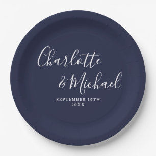 Elegant Signature Script Navy Blue Wedding Paper Plates