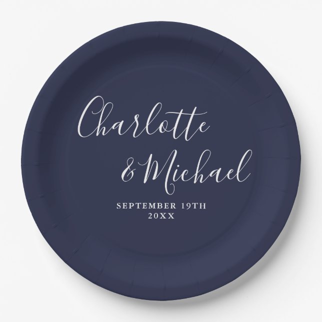 Elegant Signature Script Navy Blue Wedding Paper Plates (Front)