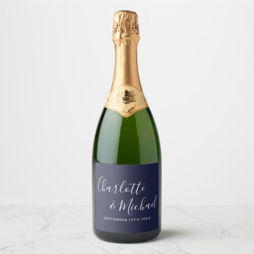 Elegant Signature Script Navy Blue Wedding Sparkling Wine Label