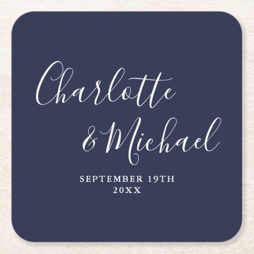 Elegant Signature Script Navy Blue Wedding Square Paper Coaster