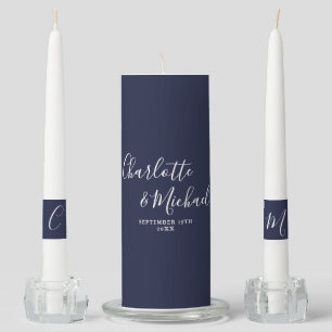 Elegant Signature Script Navy Blue Wedding Unity Candle Set