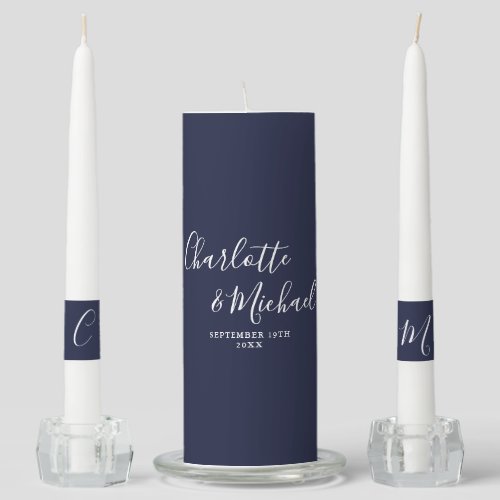 Elegant Signature Script Navy Blue Wedding Unity Candle Set