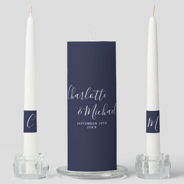 Elegant Signature Script Navy Blue Wedding Unity Candle Set (Front)