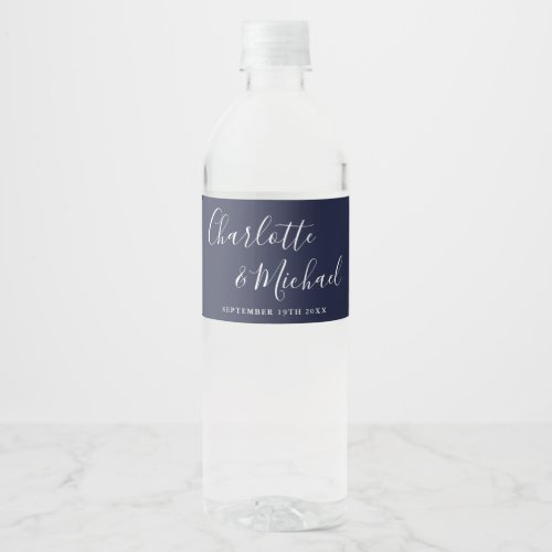 Elegant Signature Script Navy Blue Wedding Water Bottle Label