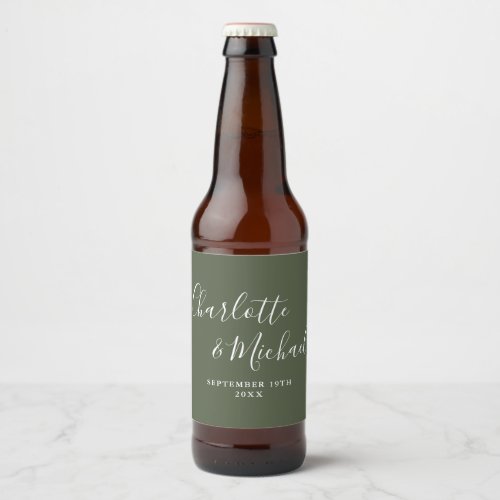 Elegant Signature Script Olive Green Wedding Beer Bottle Label