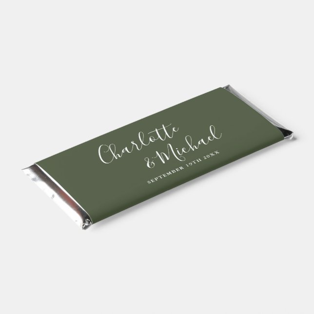 Elegant Signature Script Olive Green Wedding Hershey Bar Favors (Angled)