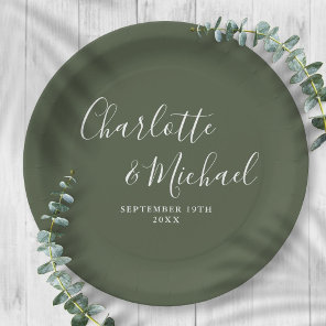 Elegant Signature Script Olive Green Wedding Paper Plates