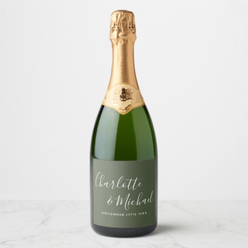 Elegant Signature Script Olive Green Wedding Sparkling Wine Label