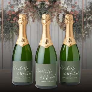 Elegant Signature Script Olive Green Wedding Sparkling Wine Label