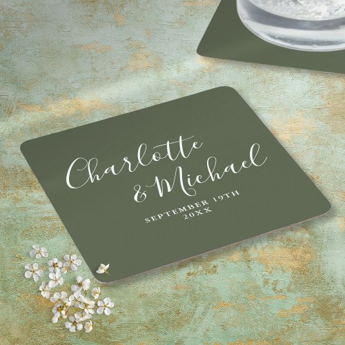 Elegant Signature Script Olive Green Wedding Square Paper Coaster