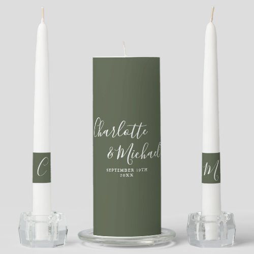 Elegant Signature Script Olive Green Wedding Unity Candle Set