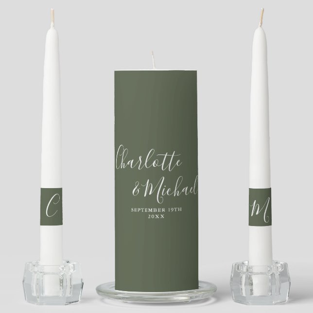 Elegant Signature Script Olive Green Wedding Unity Candle Set (Front)