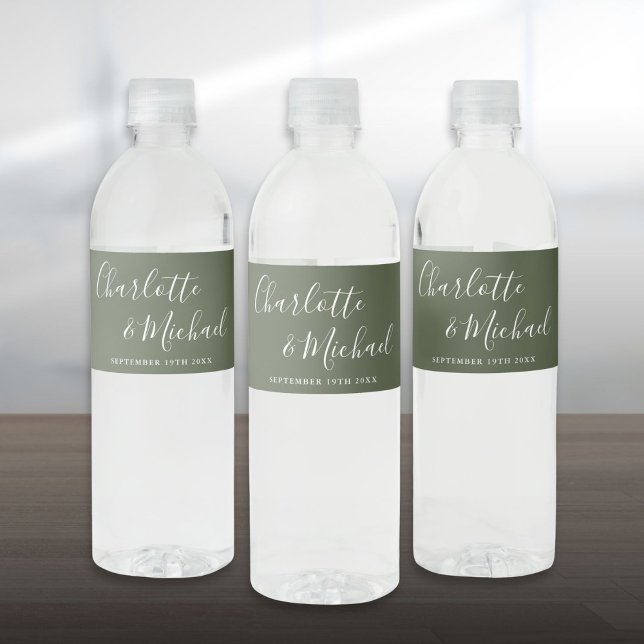 Elegant Signature Script Olive Green Wedding Water Bottle Label (Elegant Signature Script Olive Green Wedding Water Bottle Label)