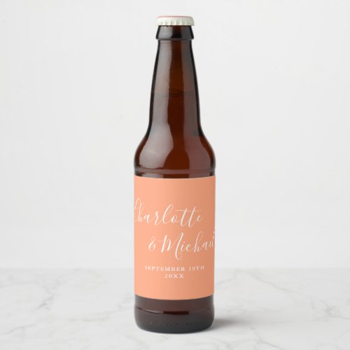 Elegant Signature Script Peach Wedding Beer Bottle Label