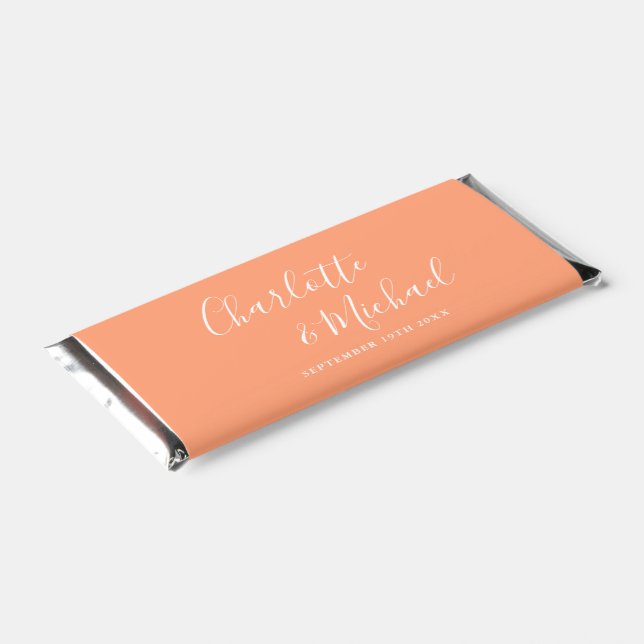 Elegant Signature Script Peach Wedding Hershey Bar Favors (Angled)