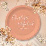 Elegant Signature Script Peach Wedding Paper Plates<br><div class="desc">Elegant signature peach wedding paper plates personalized with signature style names and your special wedding date. Designed by Thisisnotme©</div>