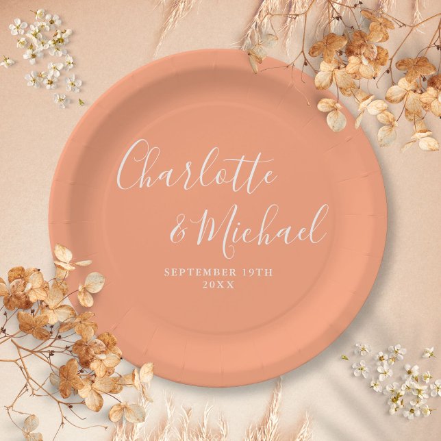 Elegant Signature Script Peach Wedding Paper Plates (Elegant Signature Script Peach Wedding Paper Plates)