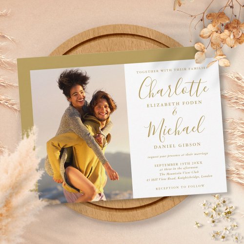 Elegant Signature Script Photo Gold Wedding Invitation