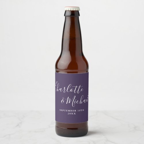 Elegant Signature Script Purple Wedding Beer Bottle Label