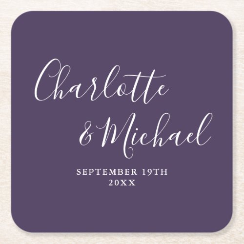 Elegant Signature Script Purple Wedding Square Paper Coaster