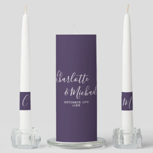 Elegant Signature Script Purple Wedding Unity Candle Set