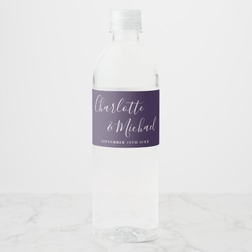 Elegant Signature Script Purple Wedding Water Bottle Label