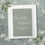 Elegant Signature Script Sage Green Wedding Favor Tea Bag Drink Mix<br><div class="desc">Elegant signature sage green wedding favor personalized with signature style names and your special wedding date. Designed by Thisisnotme©</div>