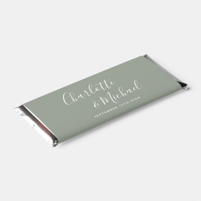 Elegant Signature Script Sage Green Wedding Hershey Bar Favors (Angled)