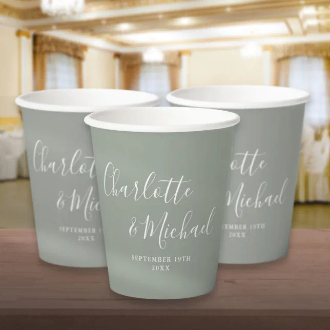 Elegant Signature Script Sage Green Wedding Paper Cups | Zazzle