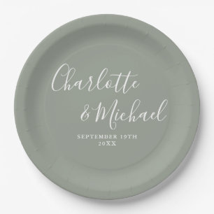 Elegant Signature Script Sage Green Wedding Paper Plates