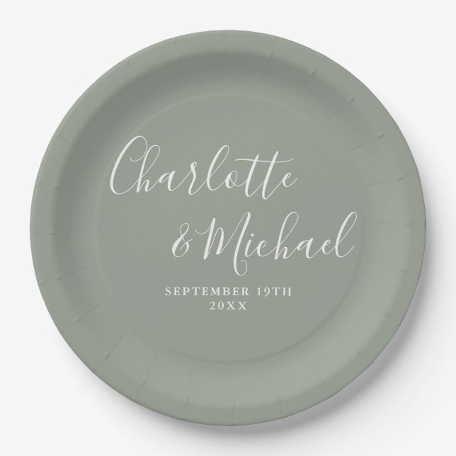 Elegant Signature Script Sage Green Wedding Paper Plates (Front)