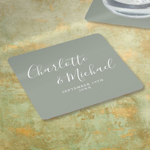 Elegant Signature Script Sage Green Wedding Square Paper Coaster