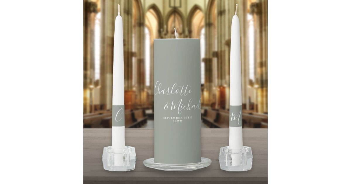 Elegant Signature Script Sage Green Wedding Unity Candle Set | Zazzle