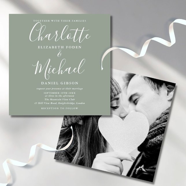 Elegant Signature Script Silver Sage Wedding Photo Invitation (Creator Uploaded)