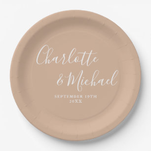 Elegant Signature Script Tan Taupe Wedding Paper Plates