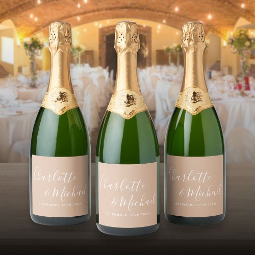 Elegant Signature Script Tan Taupe Wedding Sparkling Wine Label