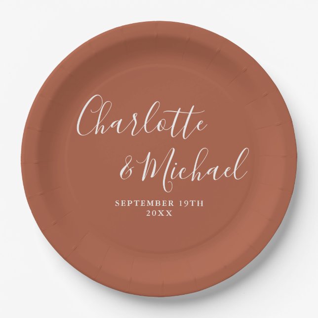 Elegant Signature Script Terracotta Wedding Paper Plates (Front)