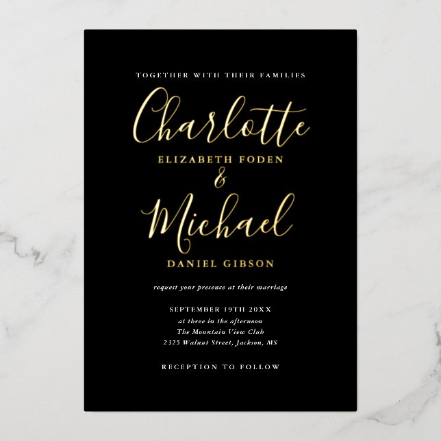 Elegant Signature Script Wedding Black And Gold  Foil Invitation (Front)