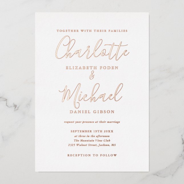 Elegant Signature Script Wedding Rose Gold Foil In Foil Invitation (Front)