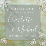 Elegant Signature Script Wedding Thank You Square Sticker<br><div class="desc">Featuring signature style names,  this elegant silver sage sticker can be personalized with your special thank you information in chic white lettering. You can customize the background to your favourite color. Designed by Thisisnotme©</div>