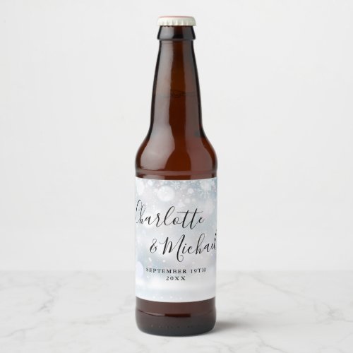 Elegant Signature Script Winter SnowflakesWedding Beer Bottle Label