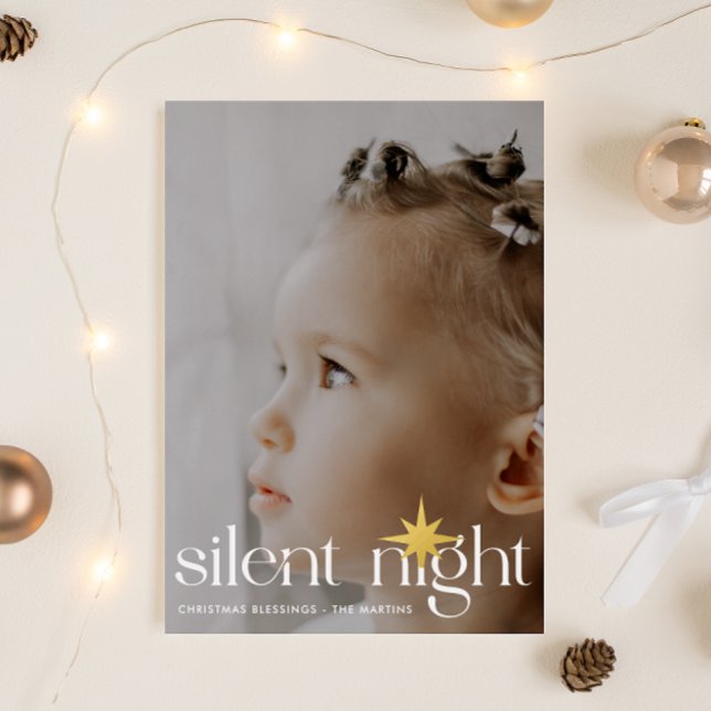 Elegant Silent Night Christmas Star Photo Foil Holiday Card (Creator Uploaded)