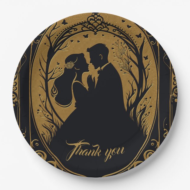 Elegant silhouette of a bride and groom paper plates (Front)