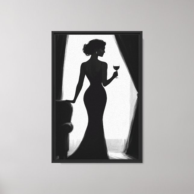 Elegant Silhouette of Woman with Wine Glass Canvas Print (Front)
