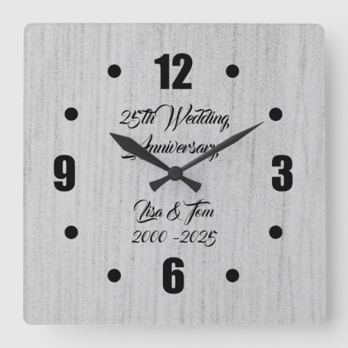 Elegant Silver 25th Silver Wedding Anniversary Square Wall Clock