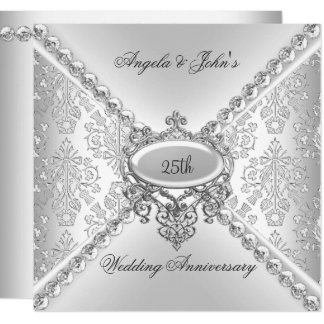 Elegant Silver 25th Wedding Anniversary Damask Card