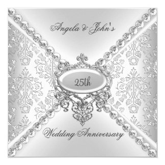 Elegant Silver 25th Wedding Anniversary Damask Card