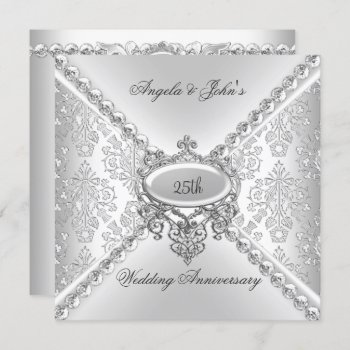 Elegant Silver 25th Wedding Anniversary Damask Invitation by Zizzago at Zazzle