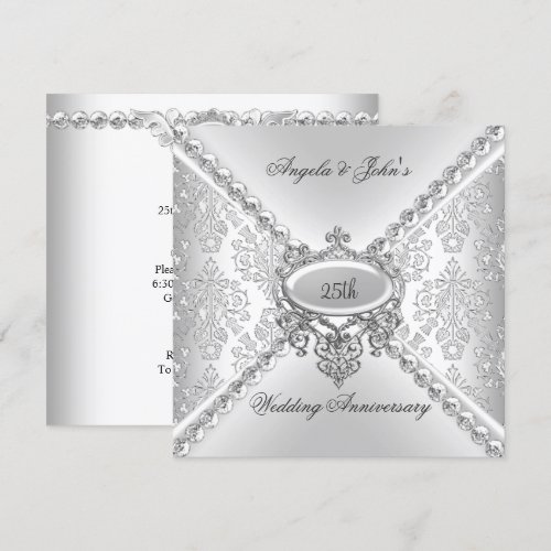 Elegant Silver 25th Wedding Anniversary Damask 5.25x5.25 Square Paper Invitation Card